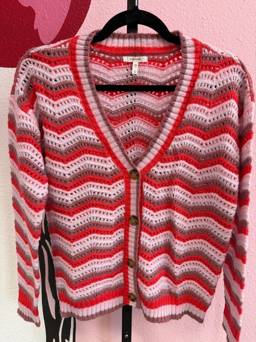 Brand New Maurices Pink Chevron Open Knit Button Front Cardigan Sweater Size S
